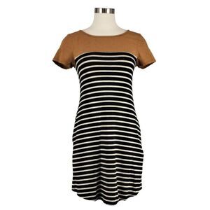 T-Shirt Dress Knee Length Short Sleeve Color Block Striped Black & Tan Sz Small